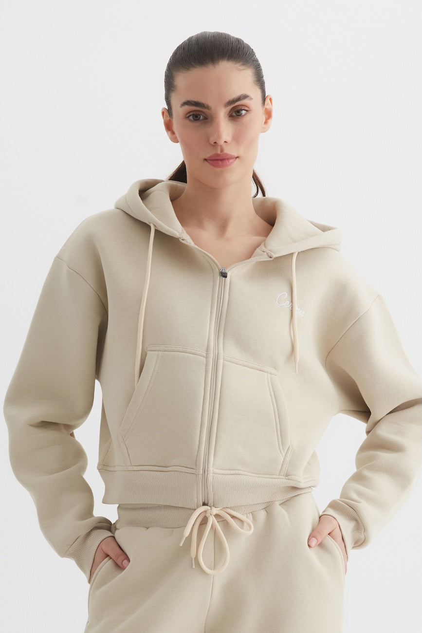 Liri Üç İplik Kapüşonlu Kadın Eşofman Takımı Bej
