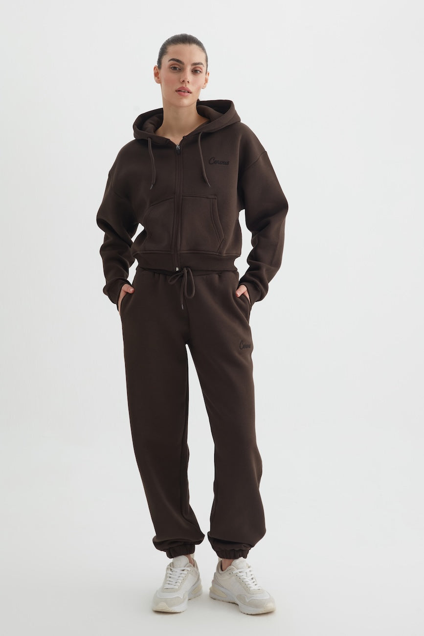 Liri Üç İplik Kapüşonlu Kadın Eşofman Takımı Kahverengi